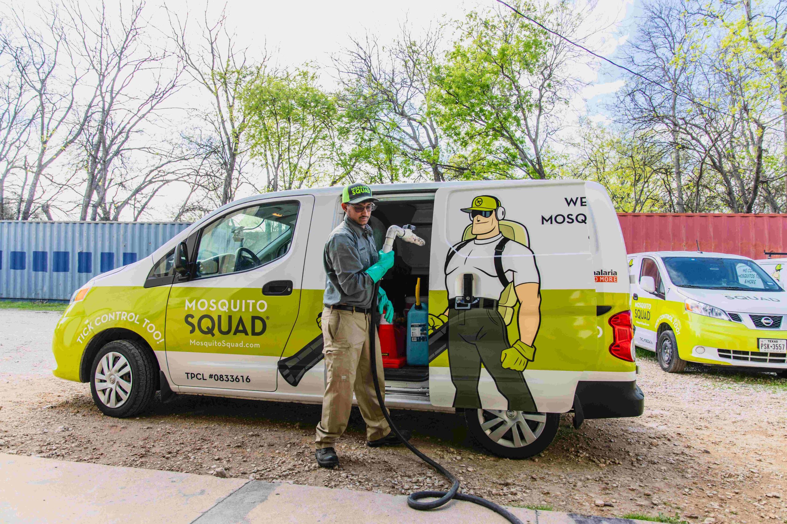 Mosquito Squad team arriving at customer's house with the pest control van and treatment